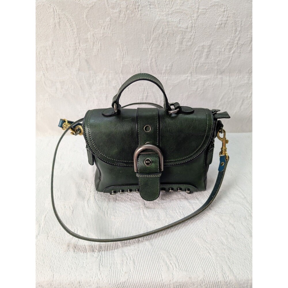IVTG Green Studded Leather Satchel Purse Crossbody Vintage Silver Gold Handbag